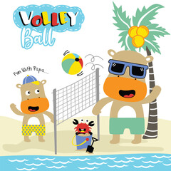 Illustration of hippos playing volleyball on a tropical beach. Summer activity concept
