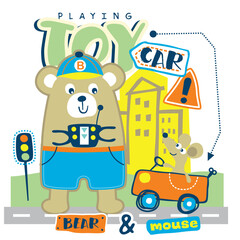 Illustration of a bear and mouse playing with toy car. Fun activity concept
