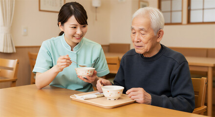 高齢者に食事を補助する介護士