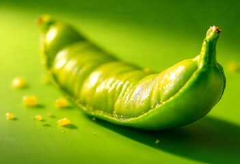 Close-up shot of a vibrant green pea pod on a green background. The pod is open, revealing the peas inside. The image is bright and cheerful, highlighting the freshness and healthiness of the vegetabl