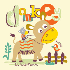 Obraz premium Illustration of a cheerful donkey with animals on a farm. Children's concept 