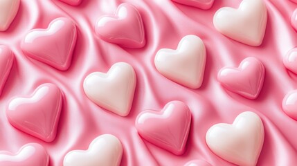 Fototapeta premium Pink And White Heart Shaped Decorations On Pink Satin Fabric
