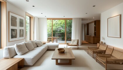 Fototapeta premium bright and airy Scandinavian-style dining area with minimalist decor, featuring a simple wooden table, light-colored chairs, and soft lighting