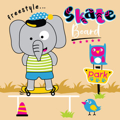 Elephant skating with freestyle pose at park with colorful text and playful design. Outdoor activity concept
