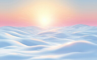 A tranquil snow valley with colorful gradients flowing smoothly over the hills. Soft rays of light from the setting sun create a dreamlike winter scene, ideal for a serene background 