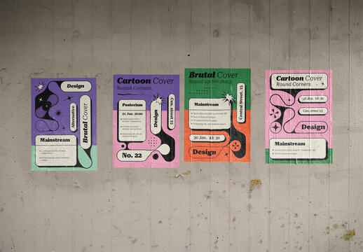 Mockup Of Four Vertical Customizable Posters On Wall