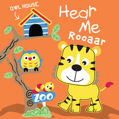 Fototapeta premium Tiger roaring with owl house and zoo elements in playful design. Animal adventure concept 
