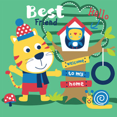 Cat with winter hat and owl welcoming to home with playful 