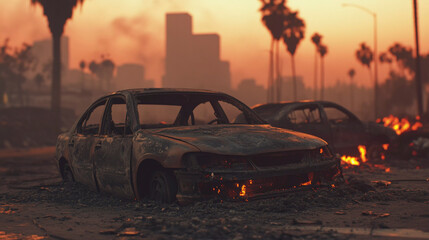 Burnt cars after a city fire, Generative AI