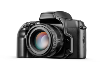 Old retro black plastic SLR film photo camera isolated. Transparent PNG image.