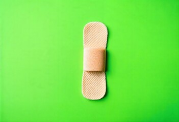 Close-up view of a beige fabric bandage on a bright green background. The minimalist, studio shot offers a clean, simple representation of first aid and healthcare, symbolizing healing, protection, an