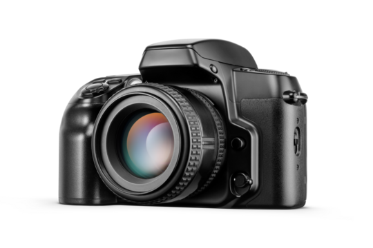 Old retro black plastic SLR film photo camera isolated. Transparent PNG image.