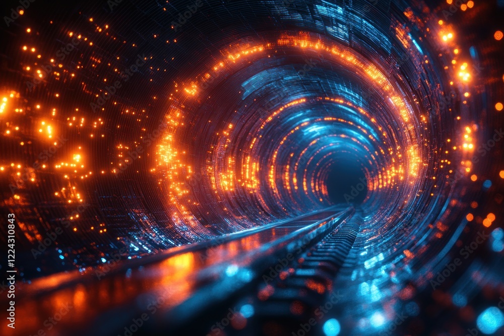 Poster futuristic digital tunnel with glowing blue and orange data streams illuminated by dramatic lighting