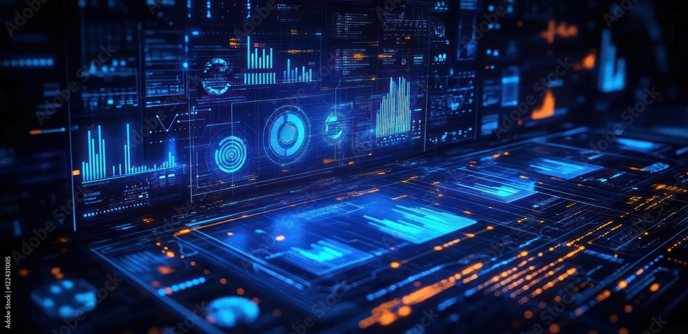 Poster futuristic financial data visualization hologram charts graphs cyberpunk style neon light analysis r