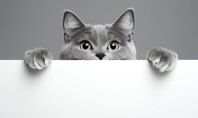 Gray cat peeking over blank white sign on gray background, ideal for adding custom text