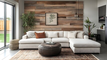 A living room with a reclaimed wood accent wall and a neutral L-shaped sofa.