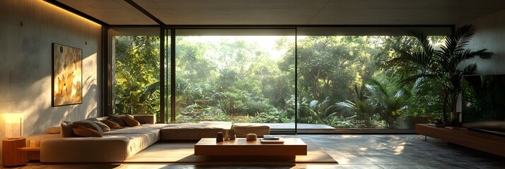 Fototapeta premium A living room with a glass wall opening onto a lush garden.