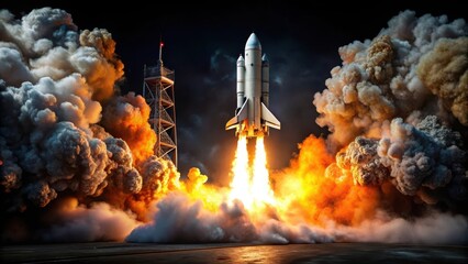 Fototapeta premium Vertical launch rocket on black background with flames and smoke