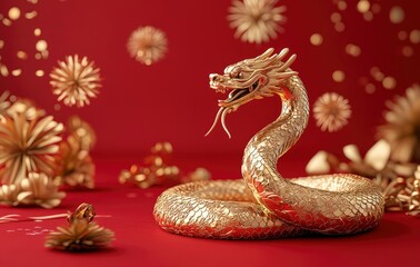 Obraz premium A golden snake sculpture, Chinese New Year atmosphere, red background with paper cut snowflakes and fireworks decoration
