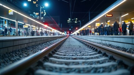 Busy Night Train Platform with Ambient Lighting and Passengers