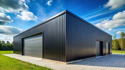 Modern Black Metal Facade Storage Building - Minimalist Gable Roof Architecture