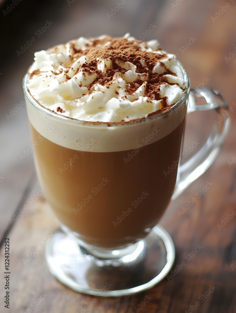 Poster hot cappuccino with whipped cream and cocoa topping on wooden table : generative ai