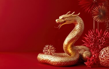 Fototapeta premium A golden snake sculpture, Chinese New Year atmosphere, red background with paper cut snowflakes and fireworks decoration