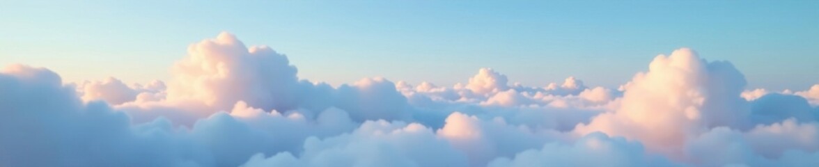 Softly glowing clouds drift across a serene blue sky, fluffy, serene, soft