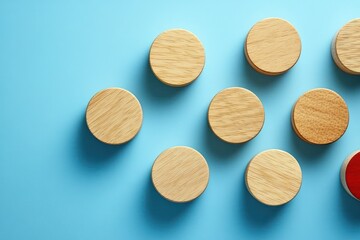 Red Wooden Cube Overcoming Obstacles on Blue Background for Business Success and Innovation