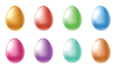 Colorful eggs collection, shiny, golden, metallic. Easter egg. Vector illustration, realistic, 3D, isolated on white