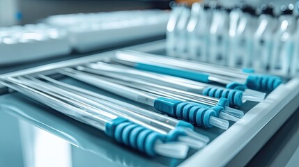 A clean and organized biostimulator station with disposable covers and labeled tools.