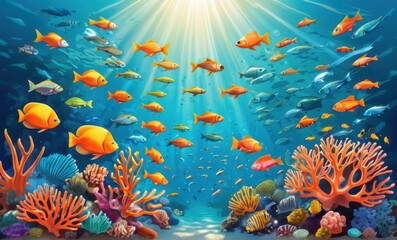 Fototapeta premium Vibrant Underwater Coral Reef with Diverse Fish and Sunlight