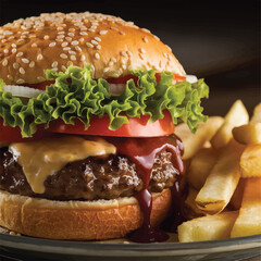 A photo of a gourmet burger with a sesam2