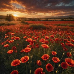 Obraz premium A field of crimson poppies under a dramatic golden-hour sky filled with birds.