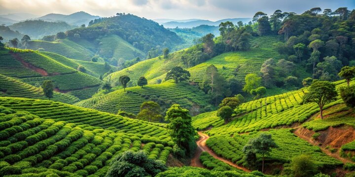 Sloping coffee hills with lush greenery and towering trees in Coorg landscape, karnataka