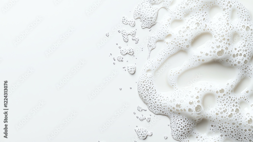 Poster close-up of frothy milk bubbles on a smooth white surface, creating a soothing and fresh texture tha