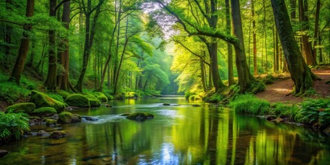 Obraz premium A serene tranquil stream meanders through a lush forest of towering trees and vibrant greenery surrounded by the soothing sounds of nature , green, water