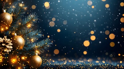 Festive gold ornaments on blue Christmas tree, snowy night, bokeh background; holiday card