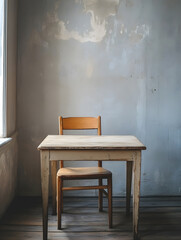 Rustic Empty Room with Wooden Chair and Table Against Textured Wall : Generative AI