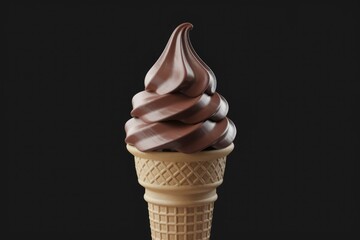 A Single Scoop of Chocolate Soft Serve Ice Cream in a Waffle Cone Against a Plain Black Background