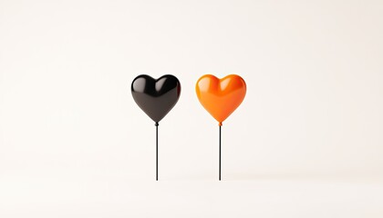 Two heart-shaped balloons in black and orange colors on thin sticks against a plain background