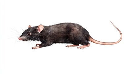 Realistic illustration of a black rodent in a dynamic pose on a white background, showcasing its anatomy