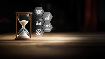 Hourglass showing time passing with surrounding goal icons, Highlights time management, professional deadlines, and achieving objectives efficiently