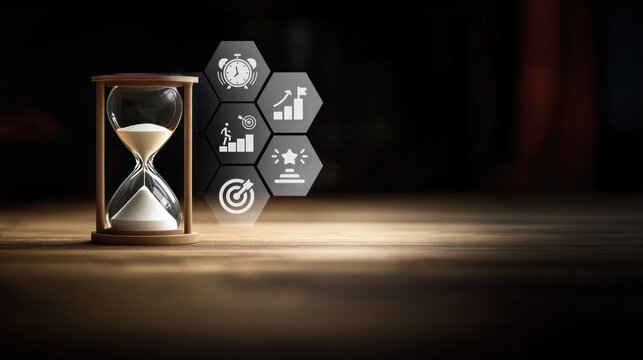 Hourglass showing time passing with surrounding goal icons, Highlights time management, professional deadlines, and achieving objectives efficiently