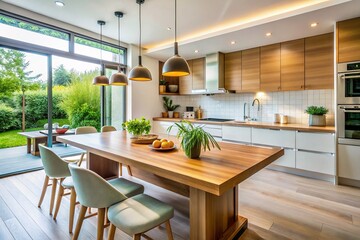 Fototapeta premium Modern Minimalist Kitchen Interior with Wooden Table - Stock Photo