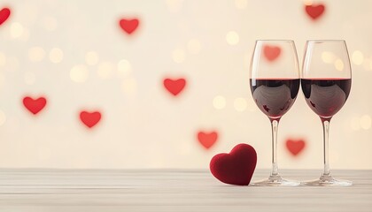 Romantic setting with two glasses of red wine and a heart-shaped decoration on a table