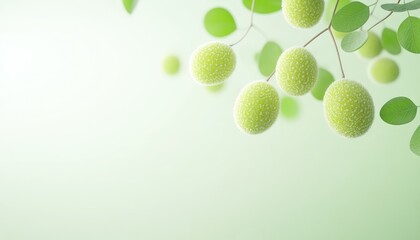 Lush green fruits hanging from delicate branches against a soft pastel background, evoking freshness