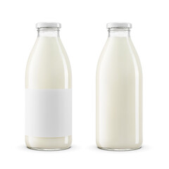 Glass bottles of milk with label and clean isolated. Transparent PNG image.