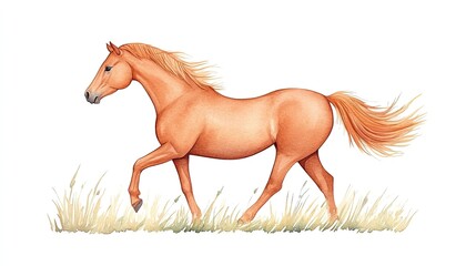 A vibrant orange horse trotting gracefully through green grass under a bright sky