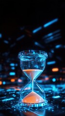 Hourglass glowing on a futuristic digital background, Highlights time management, professional deadlines, and structured goal setting
